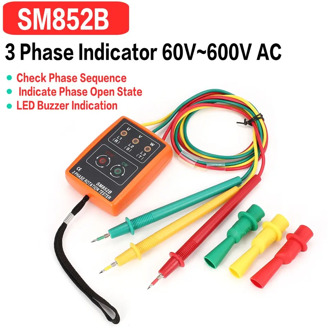 New SM852B 3 Phase Rotation Tester Digital Phase Indicator Detector LED Buzzer Phase Sequence Meter Voltage Tester 60V~600V AC