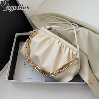 New Thick Chain Shoulder Bags For Women Soft Leather Pleated Cloud Bag Simple Crossbody Bag Casual Ladies Baguette Bag Designer