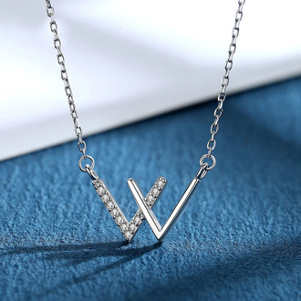 New Trendy S925 Sterling Silver W Letter Necklace Fashion Women Jewelry Double V Pendant AAA Zircon Diamond Necklace