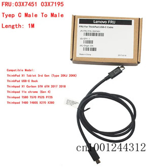 New USB-C Cable Male to Male 1M 03X7451 for Lenovo Thinkpad T480 T480S X270 X280 Type C Cable