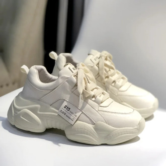 New White Leather Sneakers Women Autumn Fashion Comfortable Round Toe Thick-soled Sports Lace-up Non-slip Casual Women's Shoes