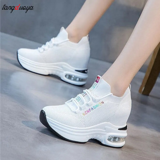 New Women autumn Mesh Platform Sneakers Trainers White Shoes 9CM High Heels Wedges Outdoor Shoes Breathable Casual Shoes Woman