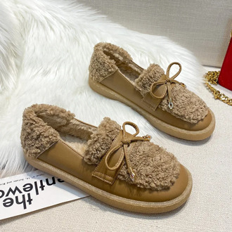 New Wool Fur Flat Shoes Woman Bowtie Plush Loafers Round Toe Oxford Creepers Winter Shoes Furry Moccasins Women Large size 43