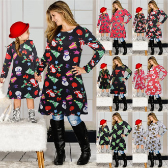 Newest Christmas Girls Dress Mother Daughter Dress Family Xmas Dress Long Sleeve Santa Claus Print Dress New Year Party Dress