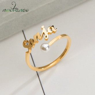 Nextvance New Personalized Name Ring Stainless Steel Custom Adjustable Pearl Stone Opening Rings Name for Woman Anniversary Gift