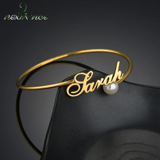Nextvance Stainless Steel Customized Name Charm Adjustable Bracelet Gold Personalized Pearl Bangles for Lovers Birthday Jewelry