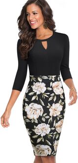 Nice-Altijd Elegante Bloemenprint Patchwork Kantoor Hollow Out Vestidos Business Party Herfst Bodycon Vrouwen Jurk B556 zwart / XL