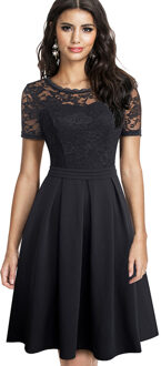 Nice-Altijd Elegante Kant Patchwork Met Back V Vestidos Party Retro Vrouwen Flare Swing Jurk A203 zwart / Xl