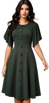 Nice-Forever Zomer Vrouwen Effen Kleur Elegante Peplum Mouwen Jurken Casual Flare Swing A-lijn Jurk A248 olijf- groen / M