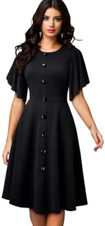 Nice-Forever Zomer Vrouwen Effen Kleur Elegante Peplum Mouwen Jurken Casual Flare Swing A-lijn Jurk A248 zwart / L