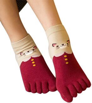 Nieuw 1 Paar Vrouwen Meisjes Zachte Cartoon Kat Sokken Vijf Vinger Tenen Katoen Herfst Winter Warme Sokken S66 Rood