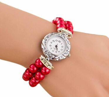 Nieuw Vrouwen Meisje Modemerk Parel Kralen Quartz Armband Horloge Gofuly Vrouw Horloge rood
