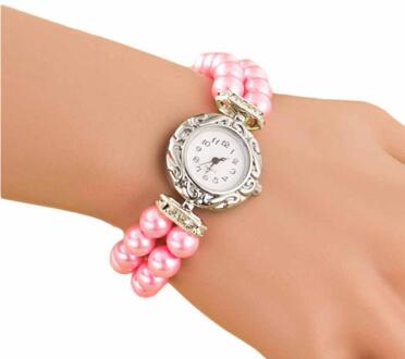 Nieuw Vrouwen Meisje Modemerk Parel Kralen Quartz Armband Horloge Gofuly Vrouw Horloge roze
