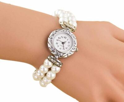 Nieuw Vrouwen Meisje Modemerk Parel Kralen Quartz Armband Horloge Gofuly Vrouw Horloge wit