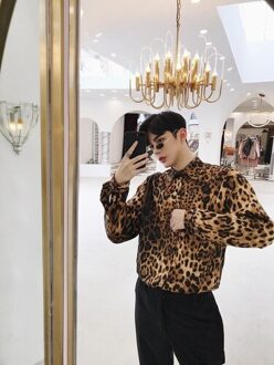 Night Dj Mannen Luipaard Print Persoonlijkheid Lange Mouwen Lente Herfst Orean Shirt Tij Satijn Stijl Camisa Masculina Xl