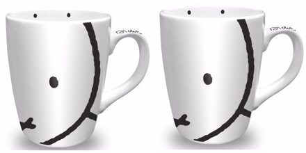 Nijntje Mok/beker - 2x - Nijntje snoet - wit/zwart - 10 cm - 230 ml - porselein Multi