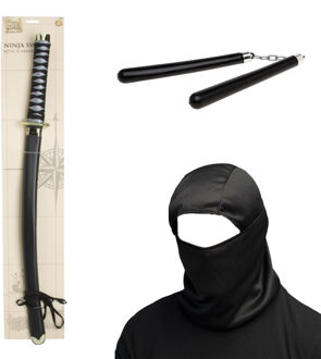 Ninja strijder verkleed set - 3 delig - voor volwassenen - kap - zwaard - vechtstokjes