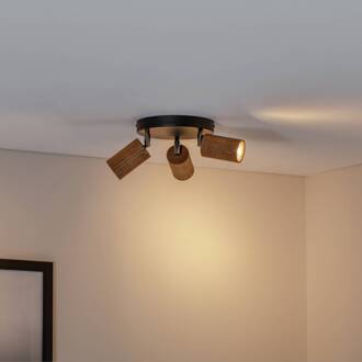 Nise plafondlamp, 3-lamps, rond, zwart staal, hout zwart, licht hout