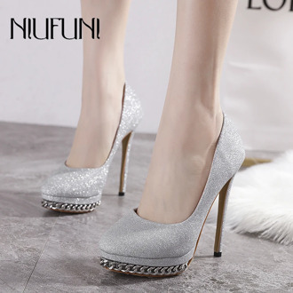 NIUFUNI Bling Women Pumps Plus Size 34-42 Sexy Platform Chain High Heels Stiletto Round Toe Wedding Shoes For Women Footwear