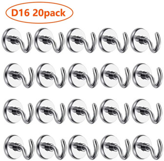 No D16 Heavy Duty Neodymium Rare Earth Magnet Hook (20 Pack), 12LB Pulling Force Hanging Mighty Magnetic Hooks Great for Fridge
