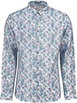 No Excess Overhemd lange mouw linnen met print aqua Blauw - XXXL