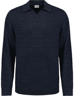 No Excess Pullover polo with linen deep blue Blauw - XXL