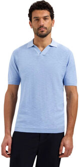 No Excess Pullover short sleeve v-polo slub blue Blauw