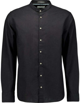 No Excess Shirt granddad solid with linen black Zwart - XL