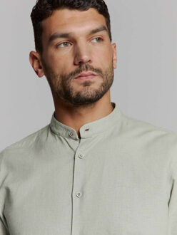 No Excess Shirt granddad solid with linen light army Groen - XL