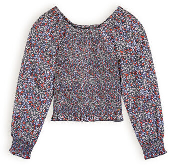 Nobell Meisjes blouse smocked bloemen - Tessa - Grijs navy blauw - Maat 122/128