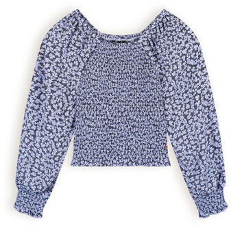 Nobell Meisjes blouse smocked denim - Tessa - Satijn blauw - Maat 134/140
