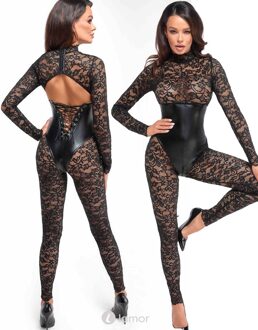 Noir Handmade Catsuit met onderborstkorset, F299 - Maat:: S (=XS)