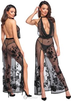 Noir Handmade Lange tule jurk met bloemen print, F312 - Maat:: S (=XS)