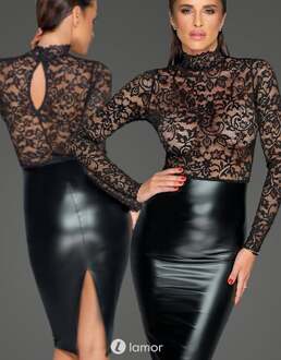 Noir Handmade Midi jurk van zacht kant en wetlook, F228 ( 2XL) - Maat: 2XL