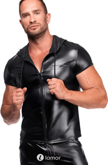 Noir Handmade Powerwetlook heren hoodie top met rits in zwart, H085 - Size: S