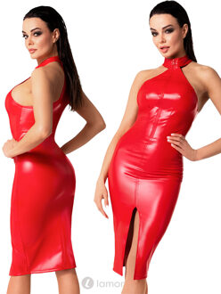 Noir Handmade Rode Midi wetlook jurk, F354 - Maat:: S (=XS)