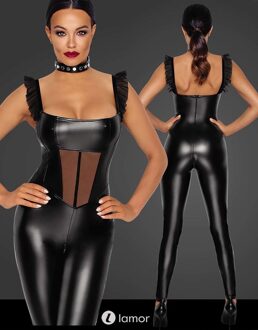 Noir Handmade Wetlook catsuit met Tule inzet -F256 - Maat: S (=XS)