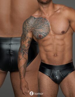 Noir Handmade Wetlook heren short met rits,H065 - Maat: S