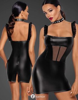 Noir Handmade Wetlook mini jurk met Tule inzet -F257 - Maat:: S (=XS)