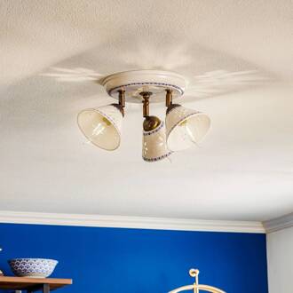 NONNA plafondlamp in wit keramiek, 3-lamps wit, blauw, antiek messing