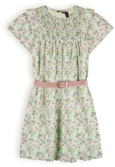 Nono Meisjes jurk met riem floral - Maan - Spring groen - Maat 110