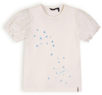 Nono Meisjes t-shirt met puffy mouw - Kantal - Pearled ivoor wit - Maat 110