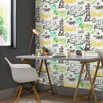 Noordwand Behang Friends & Coffee Graffity Print grijs en groen Multikleur