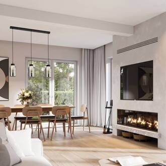 Nora hanglamp, zwart, chroom, 3-lamps, balk, glas