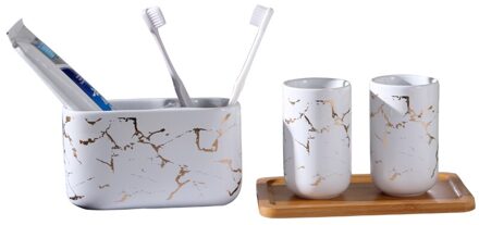Nordic Bruiloft 4 stuks Wassen Set Imitatie Marmer Keramische Badkamer Accessoires Vier stuk Wc Tandenborstel Rack/Bamboe Lade