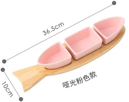 Nordic Eenvoudige Matte Geglazuurde Keramische Kommen Met Bamboe Hout Lade 3 Schotel Vruchten Schotel Snacks Desserts Plaat Servies roze