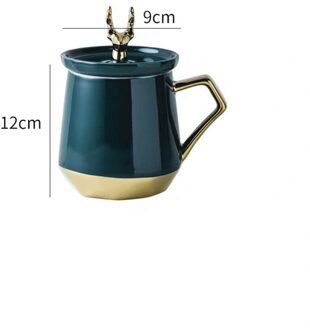 Nordic Keramische Koffie Mok Creatieve Ontbijt Melk Mok Met Gouden Herten Hoofd Deksel En Roestvrij Stalen Lepel Porselein Kantoor Thee cup groen