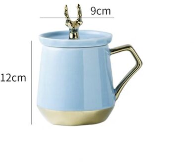 Nordic Keramische Koffie Mok Creatieve Ontbijt Melk Mok Met Gouden Herten Hoofd Deksel En Roestvrij Stalen Lepel Porselein Kantoor Thee cup licht blauw