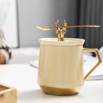 Nordic Keramische Koffie Mok Creatieve Ontbijt Melk Mok Met Gouden Herten Hoofd Deksel En Roestvrij Stalen Lepel Porselein Kantoor Thee cup