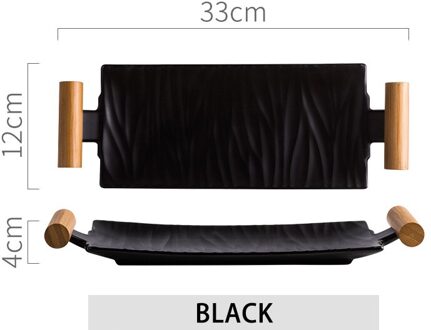 Nordic Keramische Rechthoekige Sushi Lange Plaat Dessert Taart Snack Zalm Gebraden Vlees Kippenvleugels Plaat Met Handvat Servies zwart